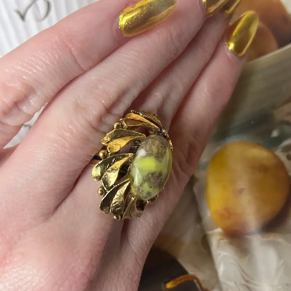 Vintage Gold Tone Ring with Light Green Resin Stone